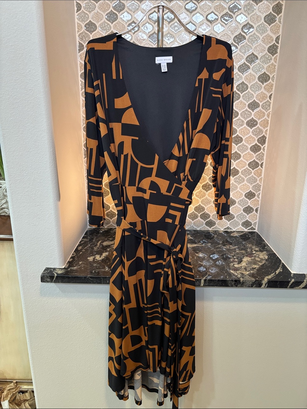 Susan Graver Black and Brown Geometric Wrap Dress